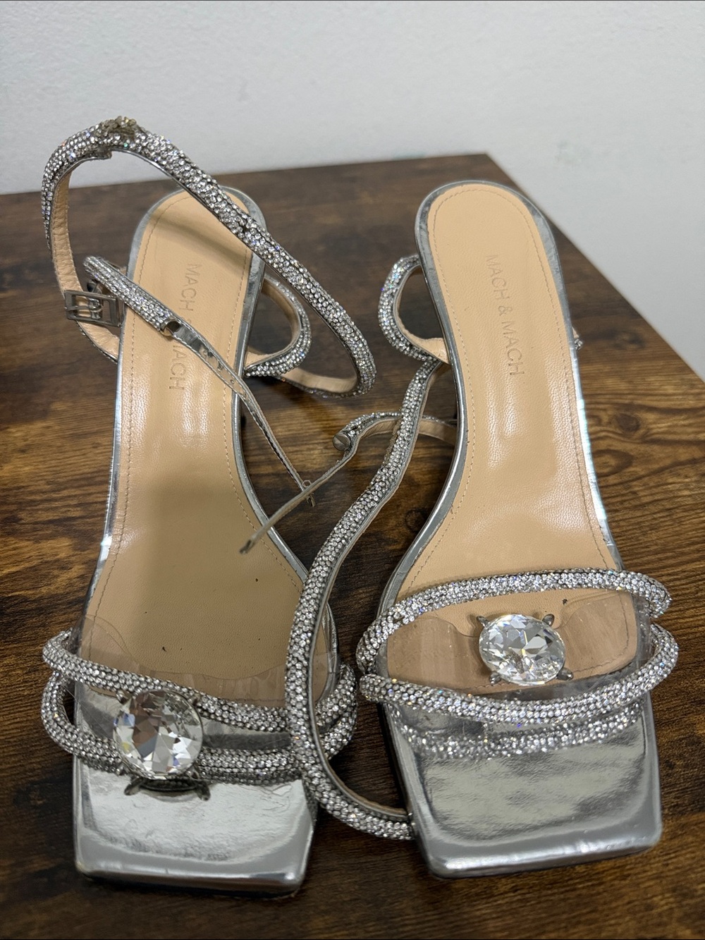 MACH & MACH Silver Crystal-Embellished Strappy Heels